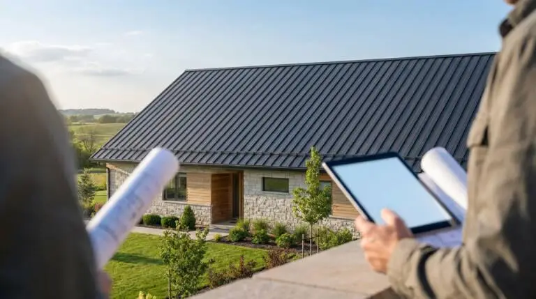 Elevated view of a modern house with a dark grey steel roof. A hand holds a tablet and blueprint in the foreground, suggesting project planning.