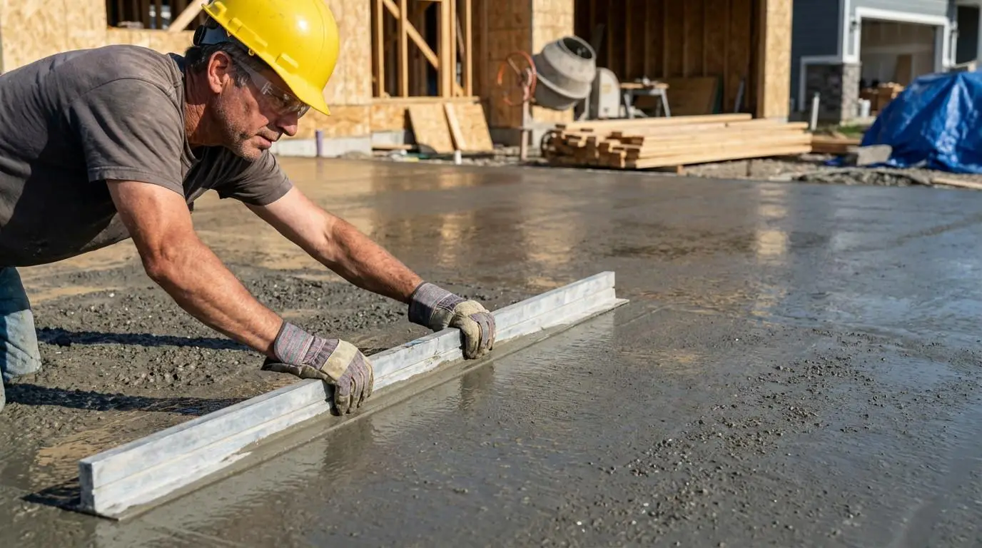 Ouvrier réalisant le lissage précis d'une dalle en béton fraîchement coulée