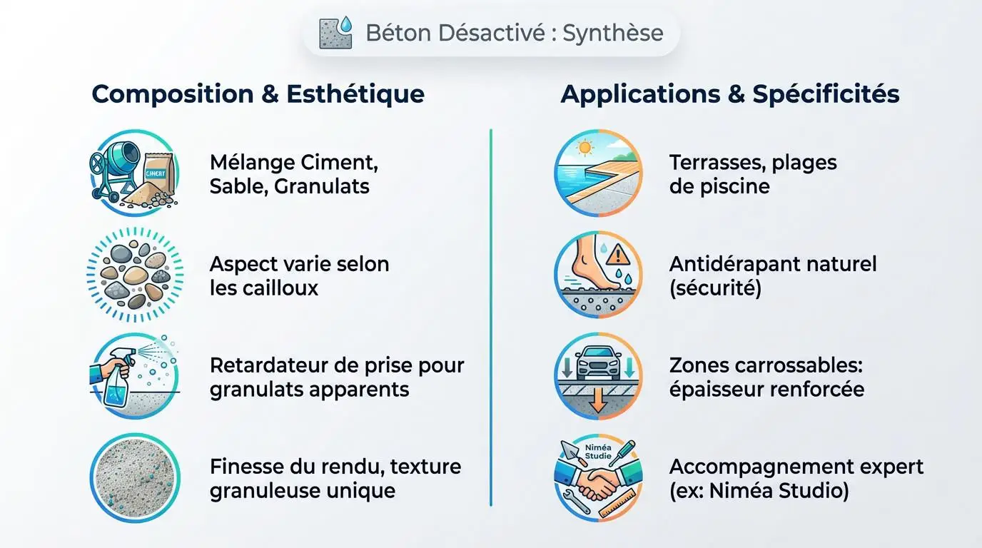 Schéma détaillant la composition technique et les applications variées du béton désactivé pour les extérieurs