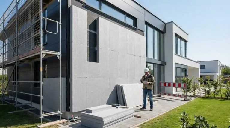 Man in hard hat reviews tablet by modern house facade with grey thermal insulation panels being installed; scaffolding on left.
